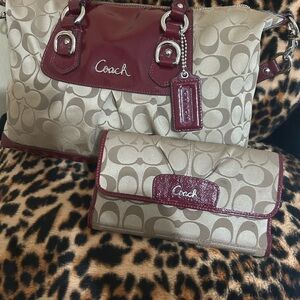 Coach Beige and Burgundy Shoulder Bag and Wallet